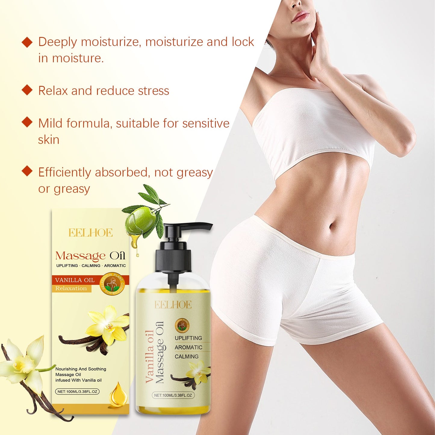 EELHOE Vanilla Body Essential Oil Softens Body Skin Hydrating Moisturizing Soothing Radiant Body Essential Oil