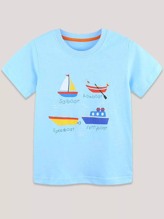Children's Cartoon Boat Short Sleeve T-Shirt