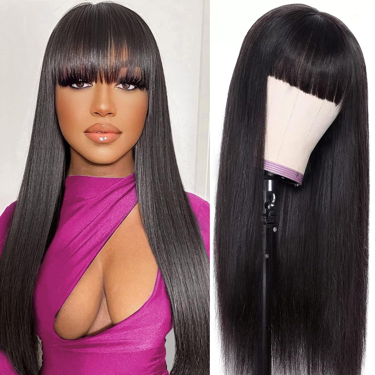 Machine-made Straight Human Hair Wig With Bangs, Natural Color, Density.