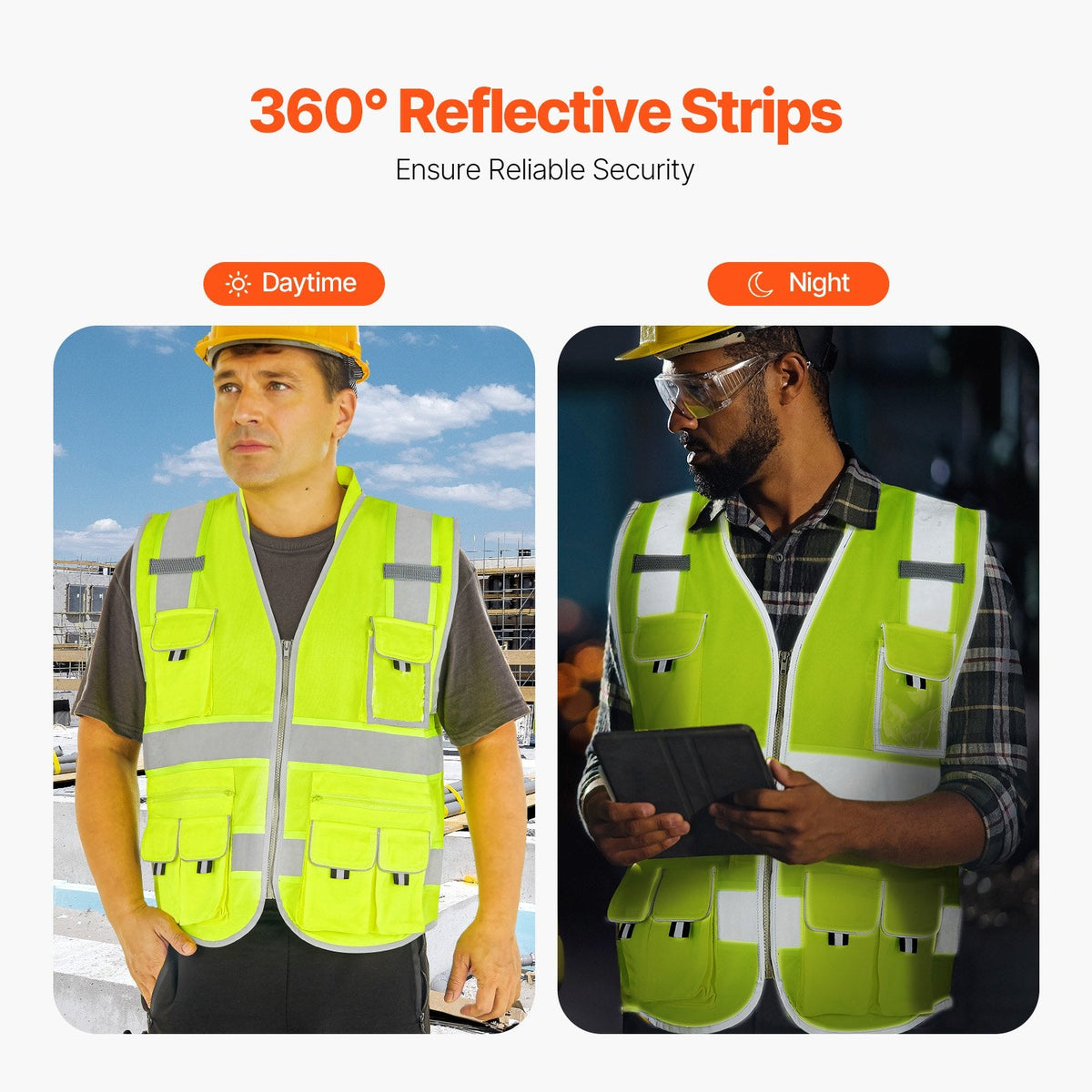 Safety Vest Reflective Yellow Work Vest With 10 Pockets For Men & Women