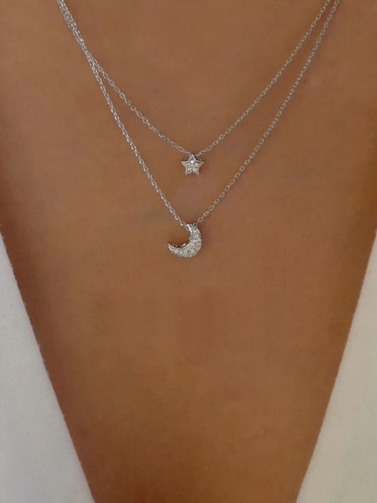 Double Layered Star and Moon Pendant Necklace
