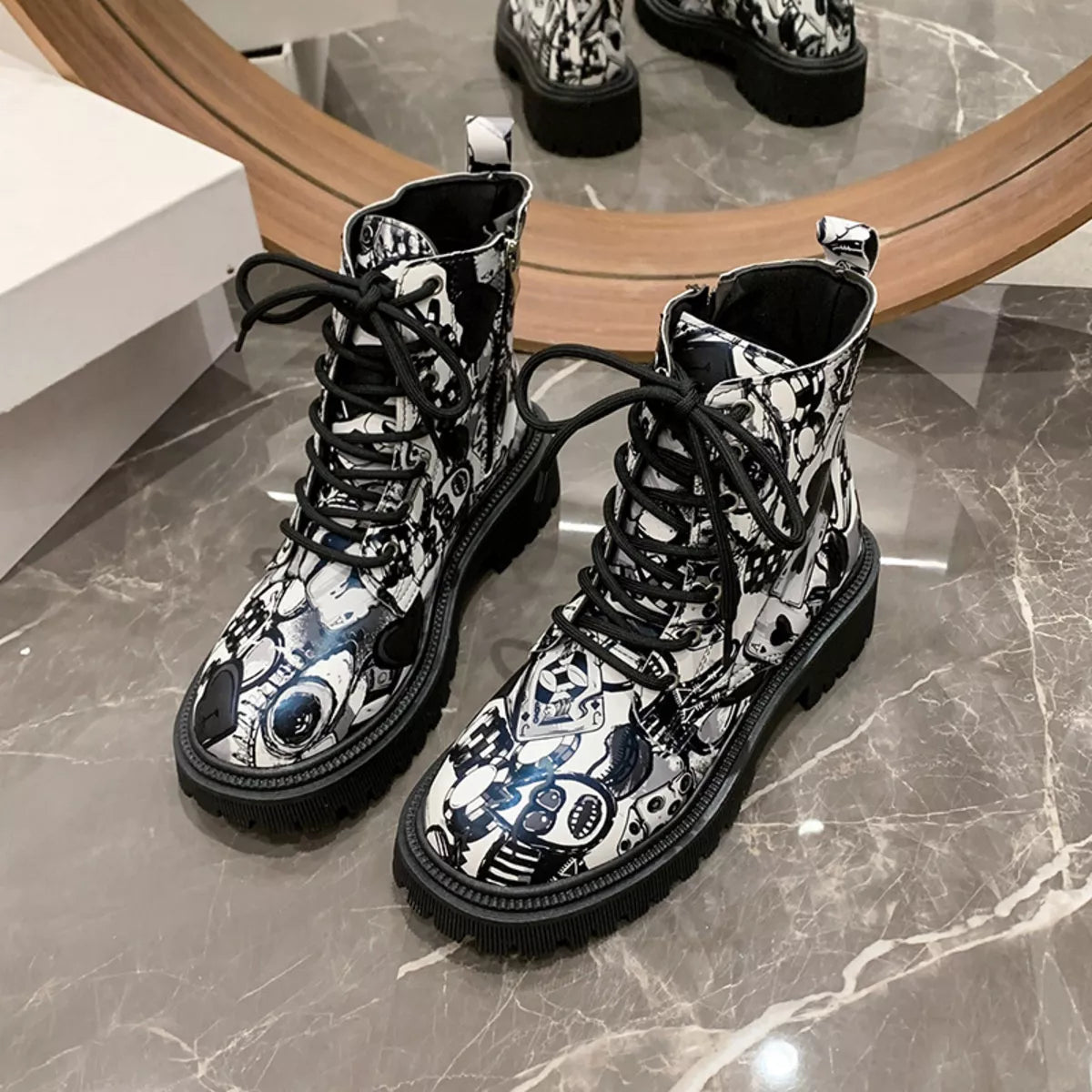 Graffiti Print Combat Boots with Colorful Street Art Design