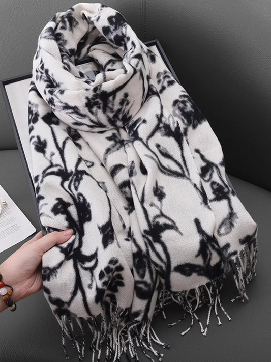 Floral Print Scarf with Fringe Detail