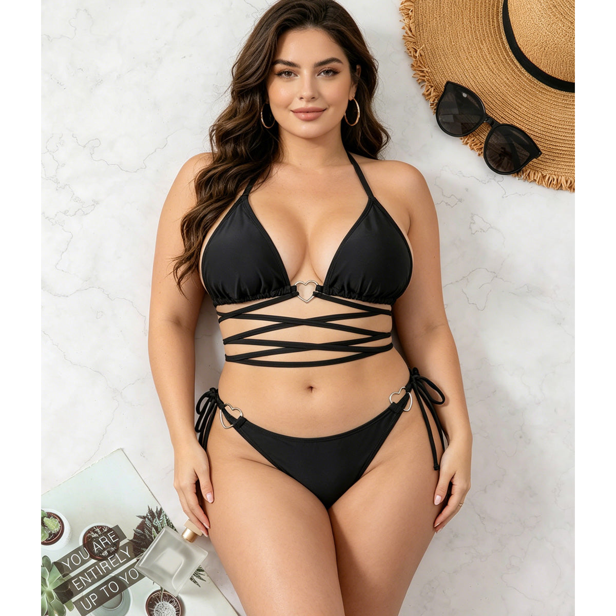 Women's Sexy Black Triangle Bikini Set With Lace-Up Top & Tie Side Bottom
