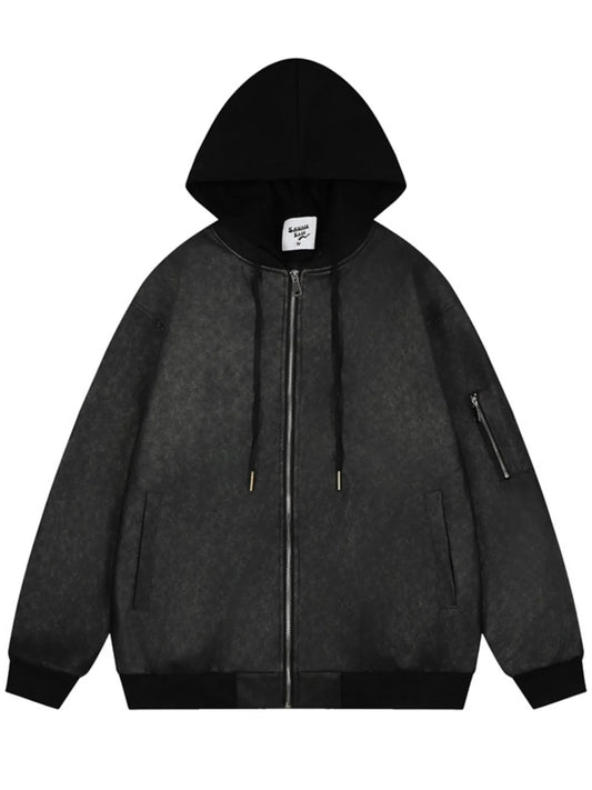Men's Drawstring Washed Zip Up Hooded Jacket