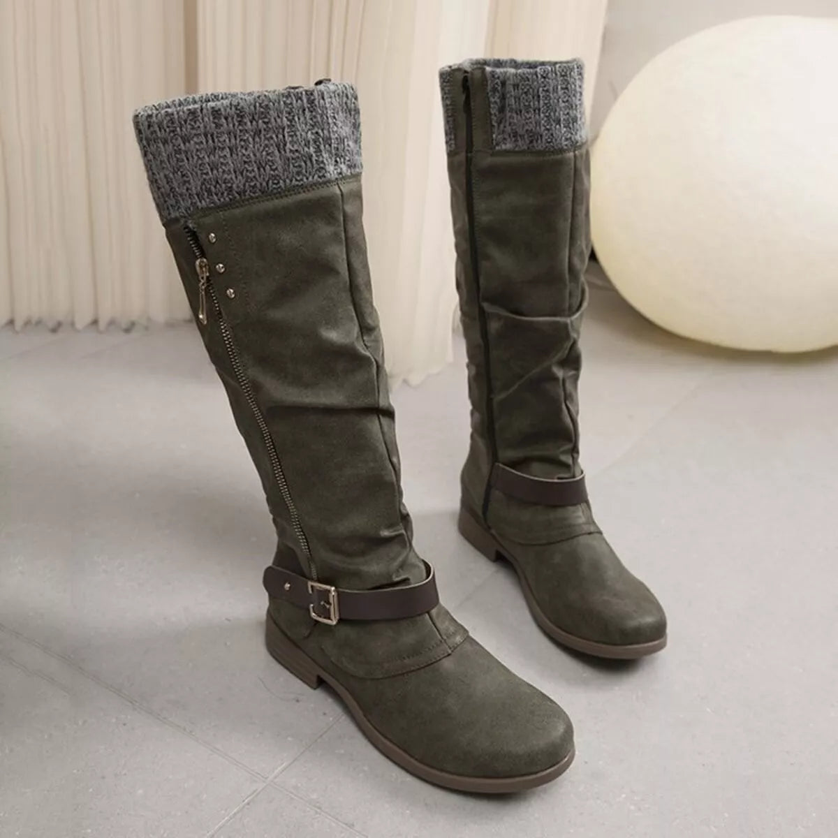 Knee High Slouch Boots with Knit Cuff