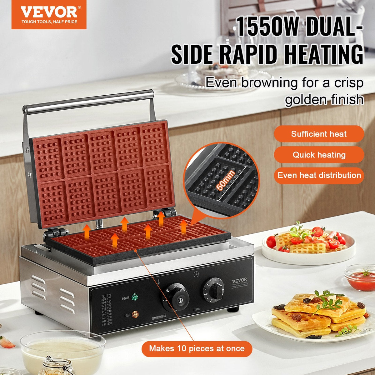 10PCS Commercial Waffle Maker Rectangle Waffle Baker Machine 1550W