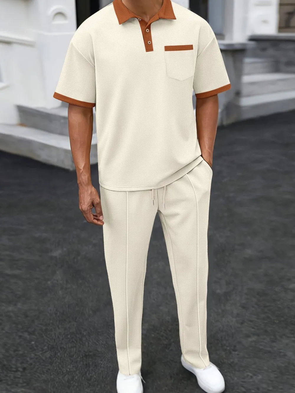 Men's Full Size Waffle-Knit Contrast Polo and Pants Set Plus Size