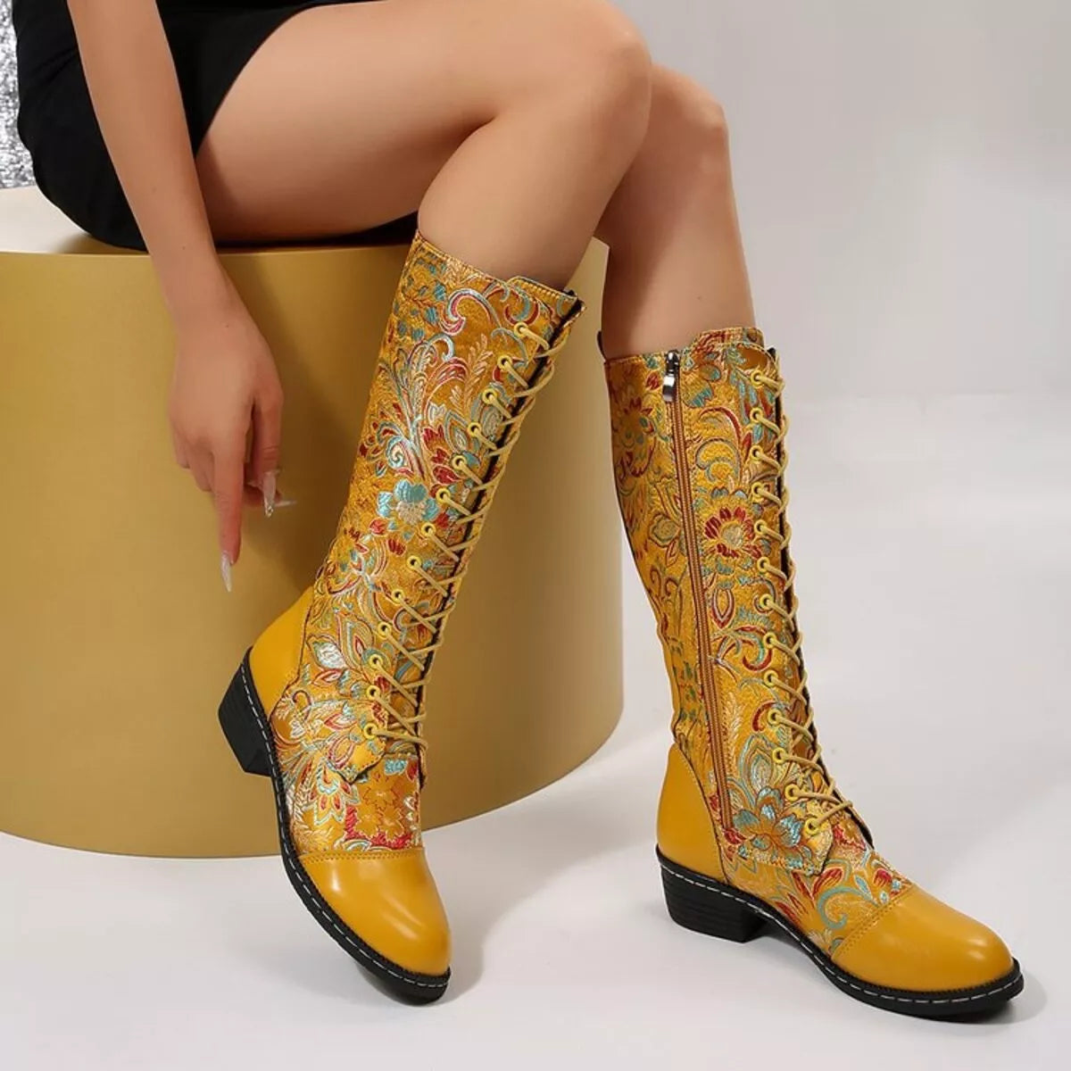 Lace Up Block Heels Boots
