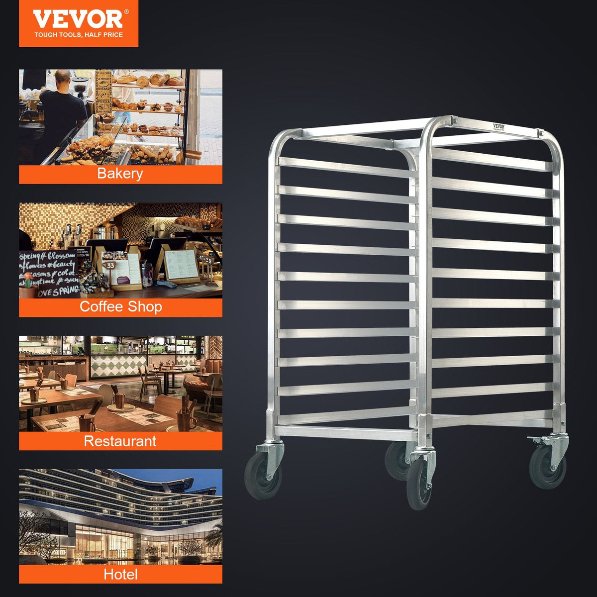 VEVOR Bun Pan Rack, 10-Tier Commercial Bakery Racks With Brake Wheels, Aluminum Racking Trolley Storage For Half & Full Sheet, Speed Rack For Kitchen Home, Bread Baking Equipment,