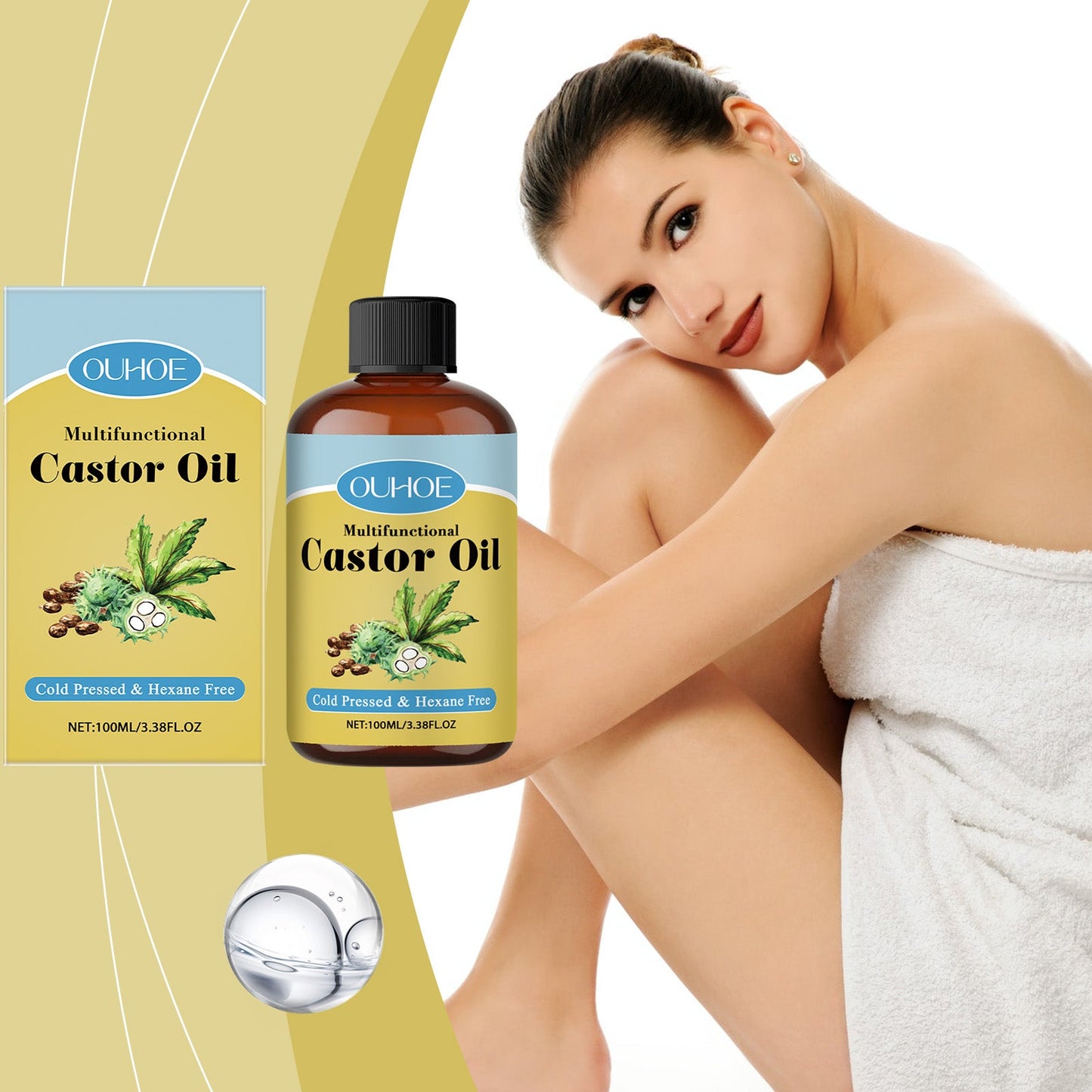 OUHOE Organic Castor Oil, Moisturizes And Hydrates Hair, Eyebrows, Skin, Body Multi-Effect Care Gentle Massage