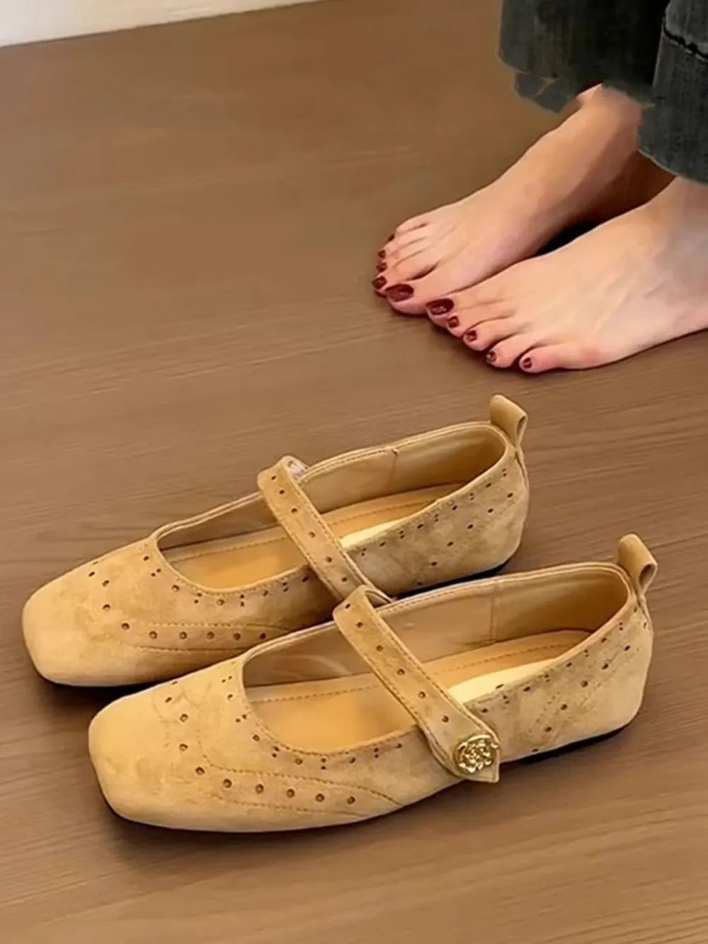 Eyelet Square Toe Flat Slip-Ons