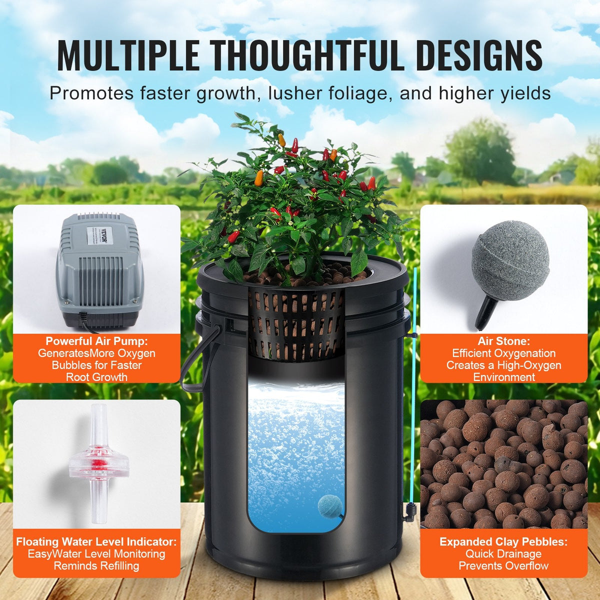 VEVOR DWC Hydroponics Grow System Deep Water Culture With Top Drip 4 Buckets