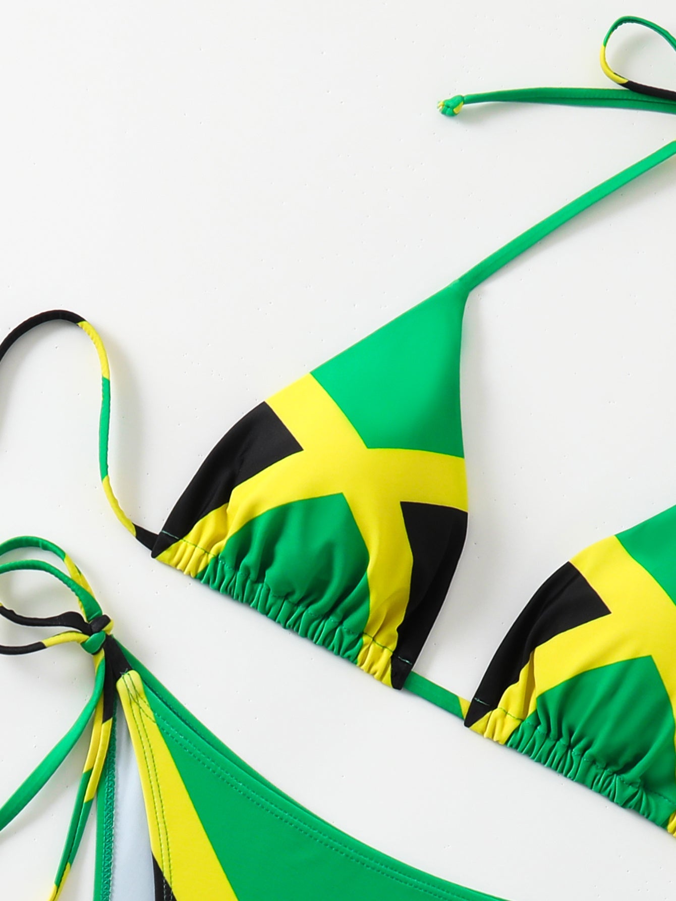Women's Jamaica Flag Print Triangle Bikini Set, Halter Tie Top & Side Tie High Cut Bottom, 2 Piece Caribbean Swimsui