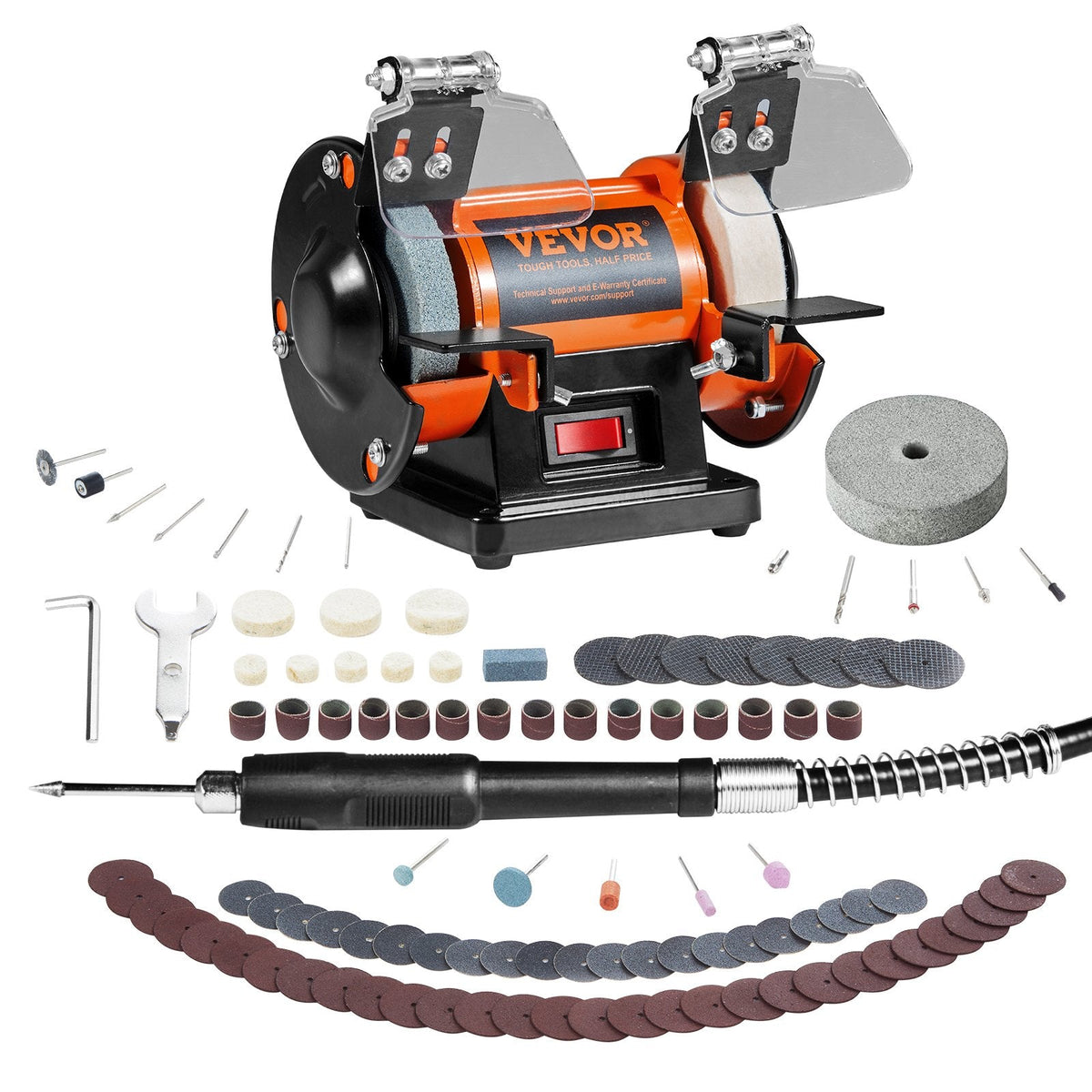 VEVOR Bench Polisher & Buffing Machine For Metal Jewelry Wood - With Wool & Abrasive Wheels, 100 Tools, 3590RPM