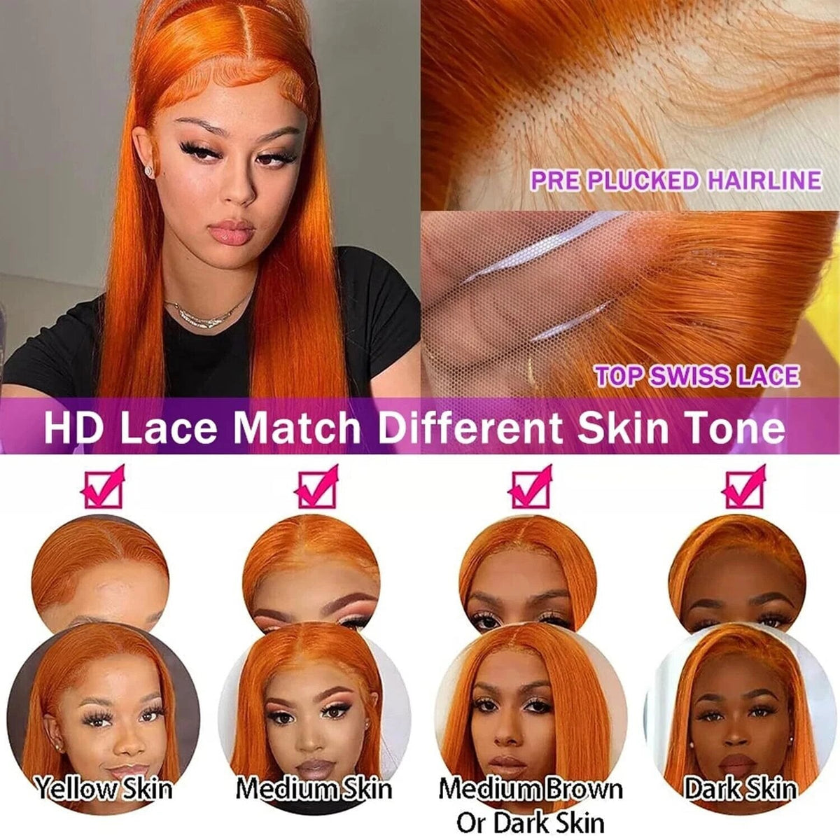 13x4 Straight Human Hair Lace Front Wig Ginger Yellow Density
