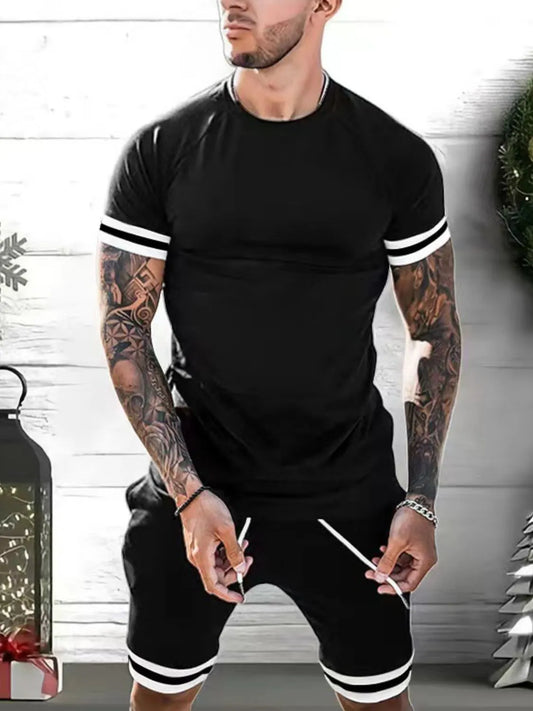 Men's Plus Size Round Neck Short Sleeve Top and Shorts Set