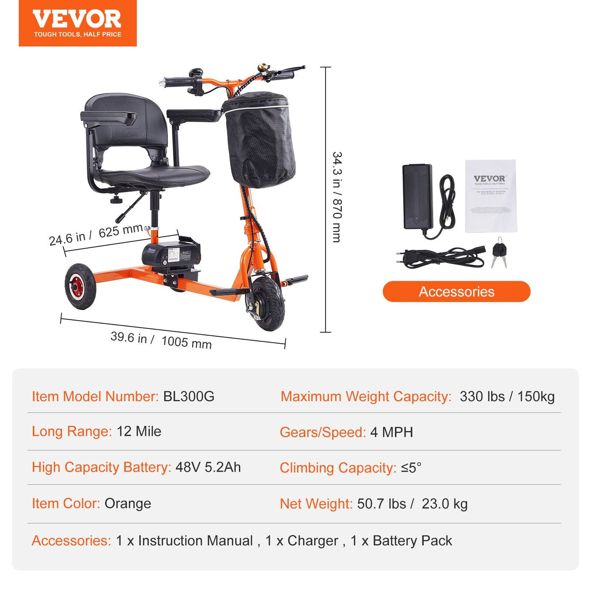 VEVOR Foldable 3 Wheel Mobility Scooter For Seniors, Portable Electric Powered Mobility Scooter With 12 Mile Long Range, All Terrain Travel Wheelchair With 48V Lithium-ion Battery, Max Support 330LBS