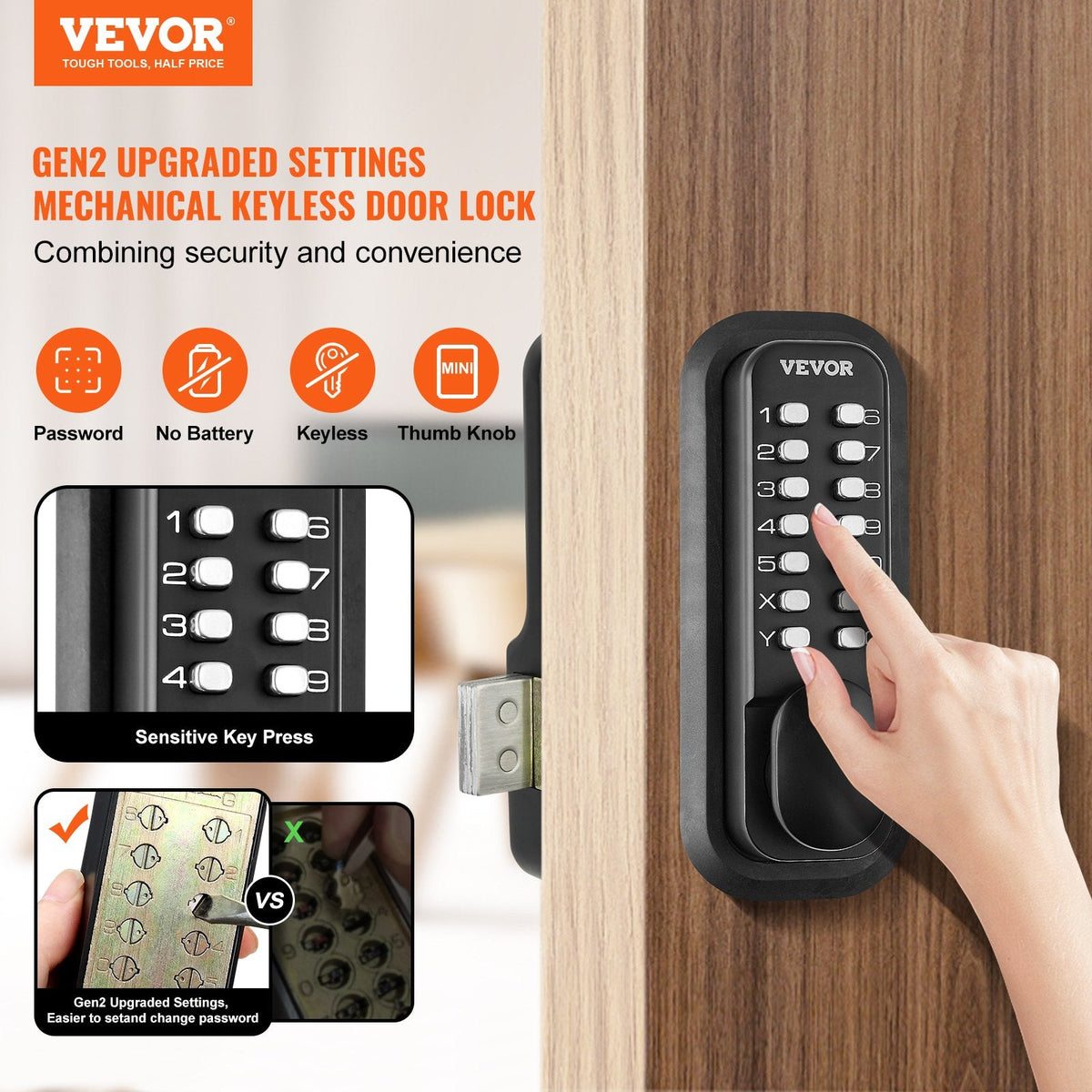 VEVOR Mechanical Keyless Entry Door Lock, 14 Digit Keypad, Outdoor Gate Door Locks Set With Surface-mounted Latch, Water-proof Zinc Alloy, Keypad And Knob, Easy To Install, For Garden, Garage, Yard