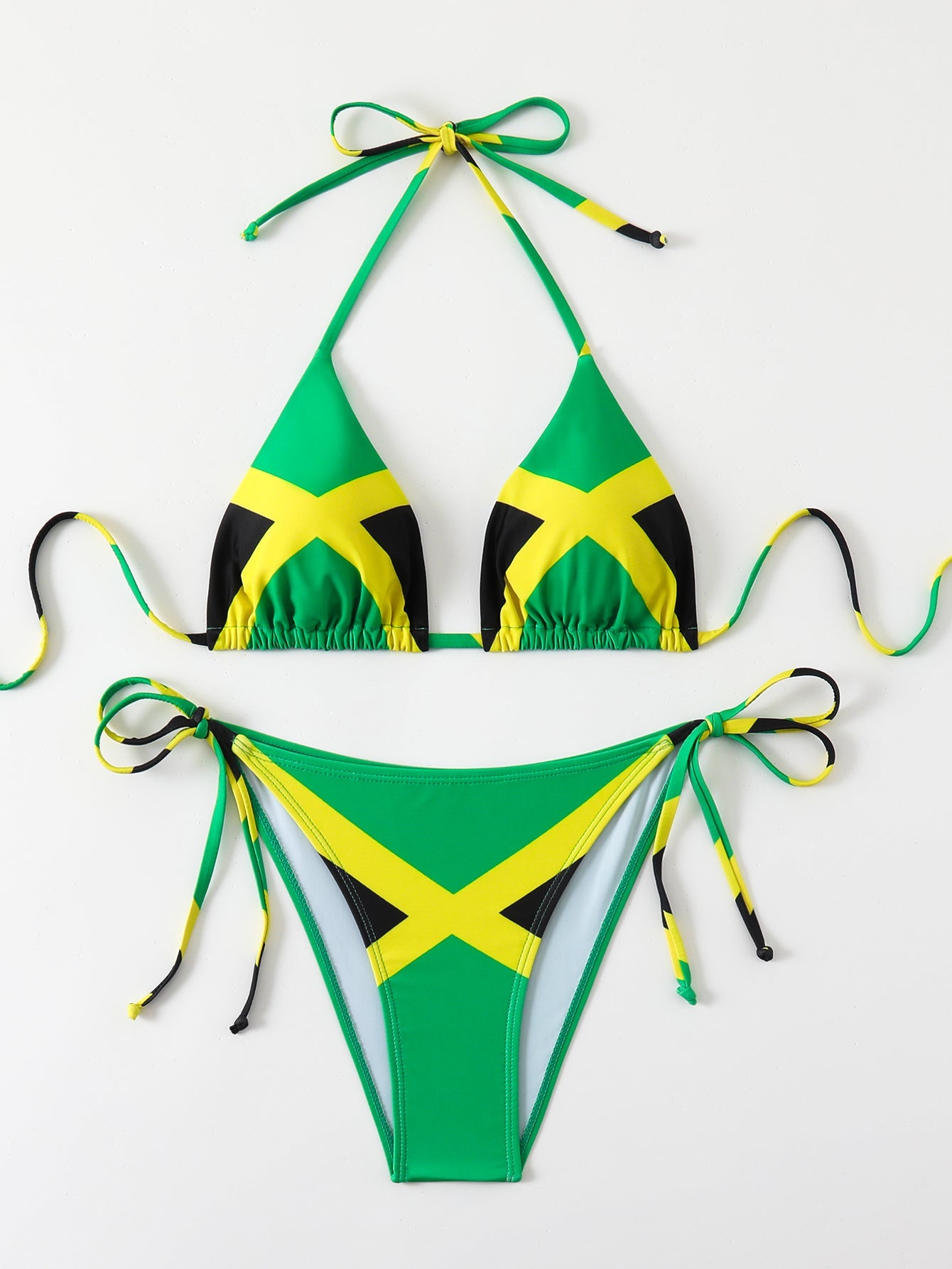 Women's Jamaica Flag Print Triangle Bikini Set, Halter Tie Top & Side Tie High Cut Bottom, 2 Piece Caribbean Swimsui