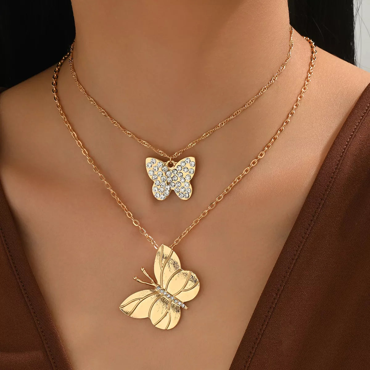 2 Piece 18K Gold-Plated Rhinestone Butterfly Necklace