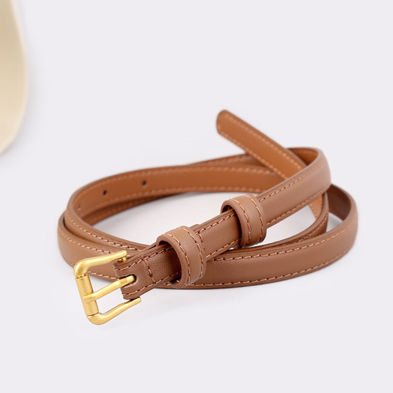 Skinny Leather Belt with Golden Buckle
