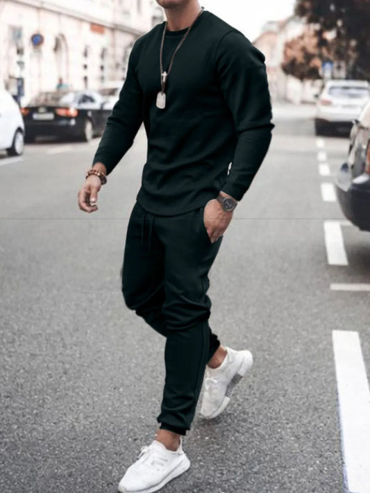Men's Full Size Round Neck Long Sleeve Top and Pants Set Plus Size