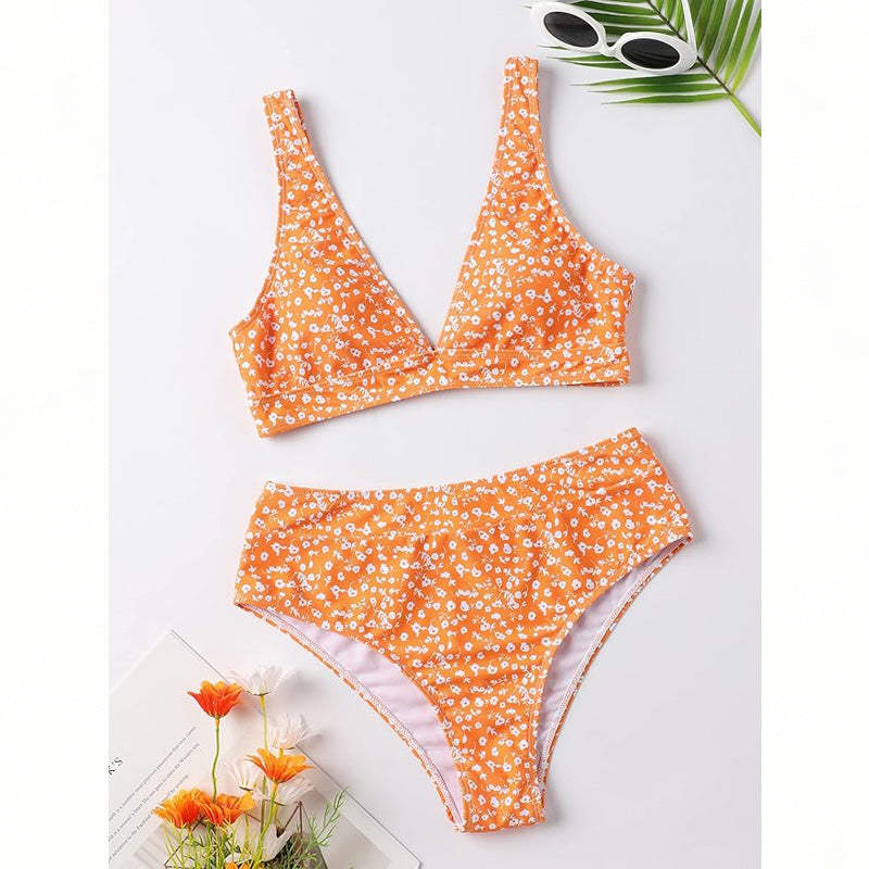 Women's Ditsy Floral Bikini Set, Plunge V-Neck Wide Strap Top & High Waist Bottom, 2 Piece Retro Swimsuit