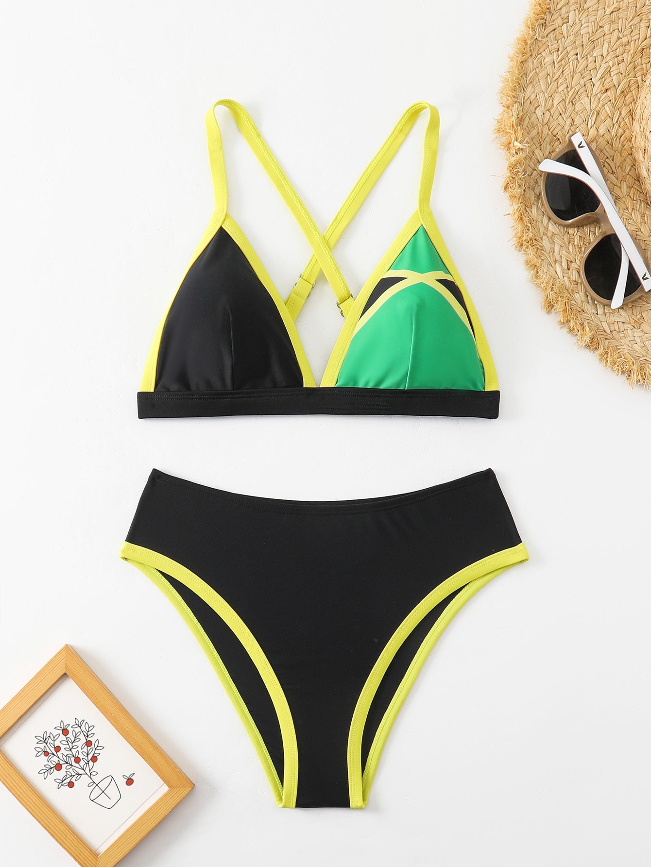 Women's Color Block Triangle Bikini Set, Crisscross Back Top & High Waist Bottom, 2 Piece Sporty Swimsuit