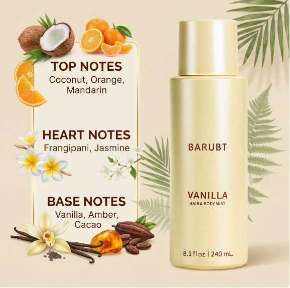 Vanilla Coconut Hair & Body Mist, Long-Lasting Fragrance Spray, Refreshing Non-Sticky Formula, 240ml