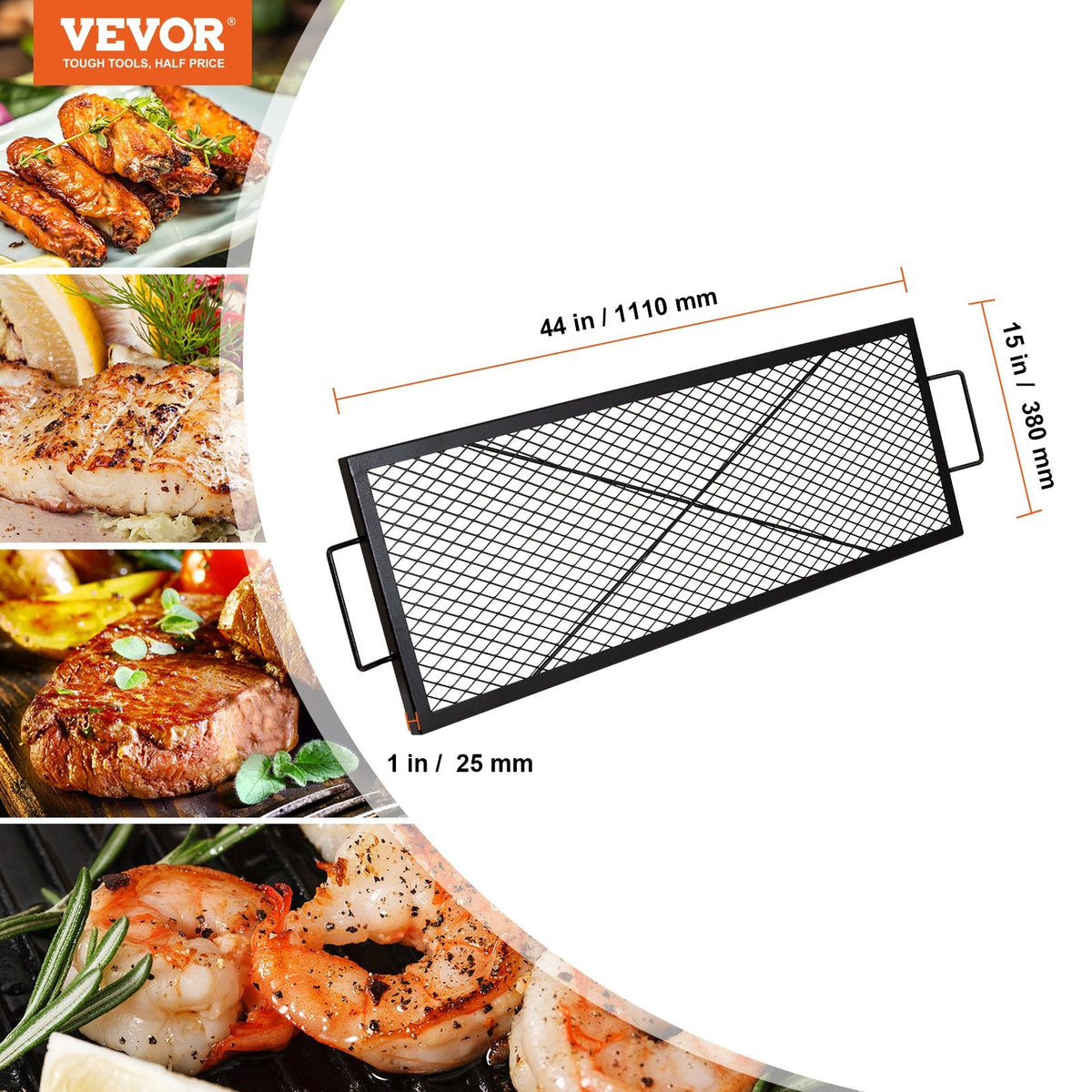 VEVOR X-Marks Fire Pit Grill Grate, Rectangle Cooking Grate, Heavy Duty Steel Campfire BBQ Grill Grid With Handle & Support X Wire, Portable Camping Cookware For Outside Party Gathering, 44 Inch Black