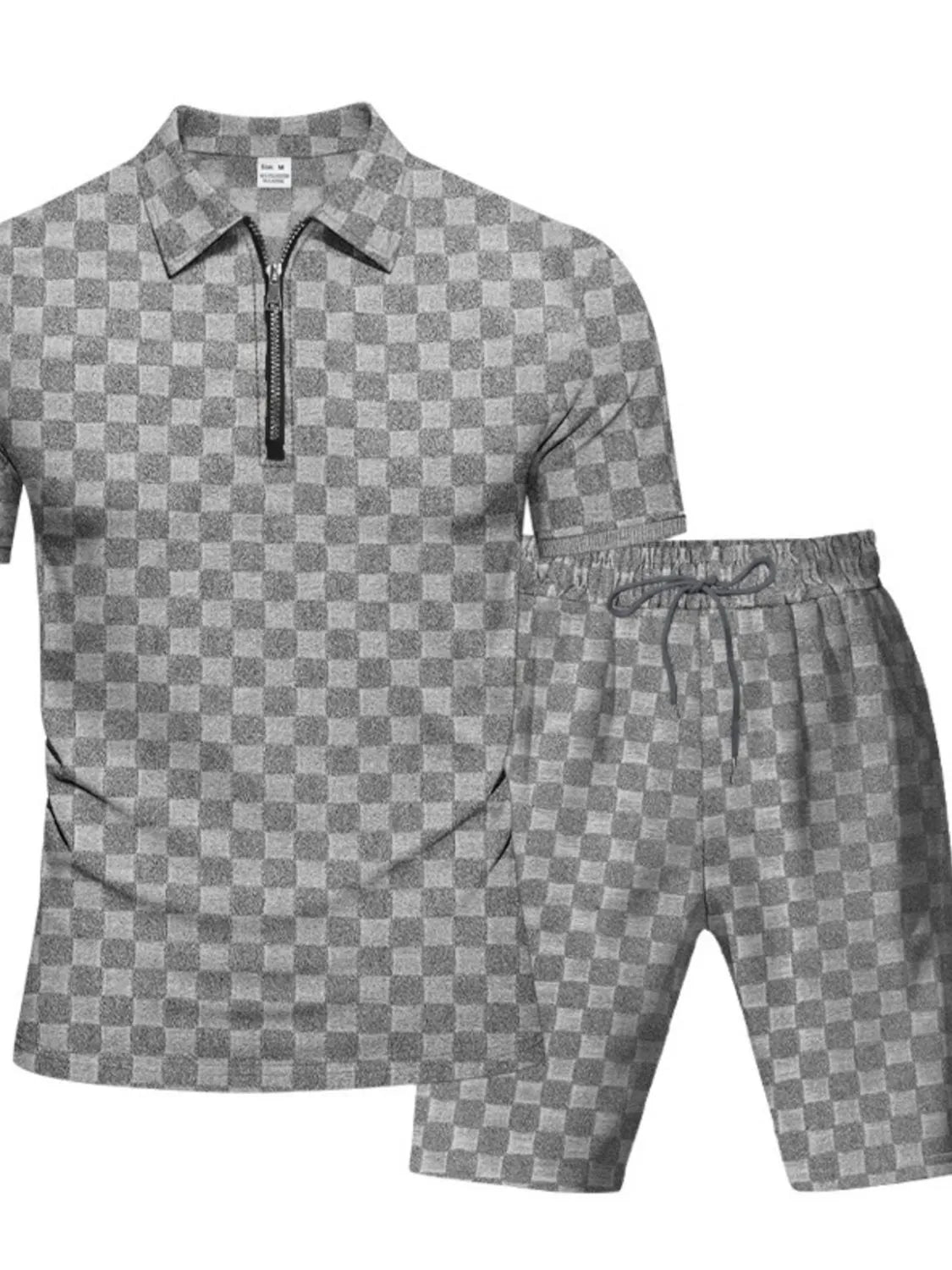 Men's Full Size Quarter Zip Short Sleeve Top and Shorts Set Plus Size