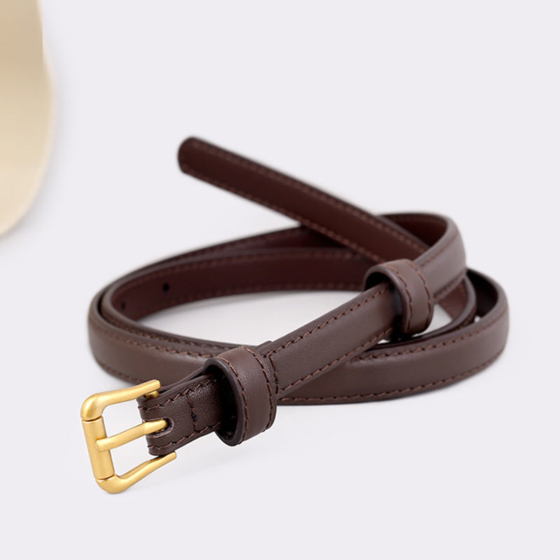 Skinny Leather Belt with Golden Buckle