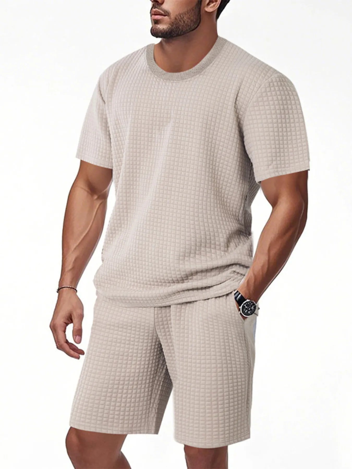 Men's Full Size Textured Round Neck Top and Shorts Set Plus SIze
