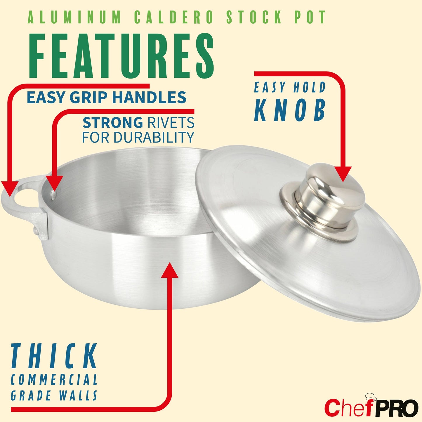 Chef Pro Commercial Grade Aluminum Caldero Stock Pot, Silver, 7.4 Quarts