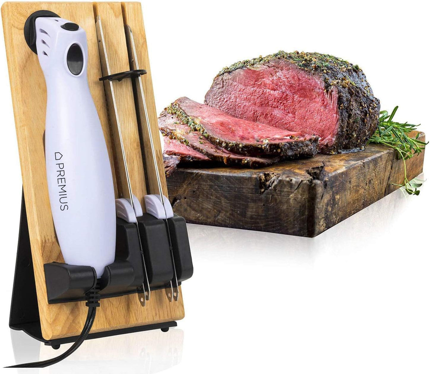 PREMIUS Serrated Carving Electric Knife Set With Wooden Storage Tray, with 2 Stainless Steel Blades