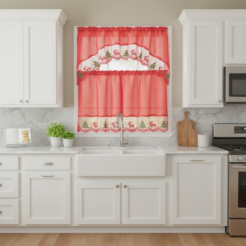 Jovie Christmas Tree Kitchen Curtain Set with Fringes, Red, Swag Valance 60x36, Tiers 30x36 Inches